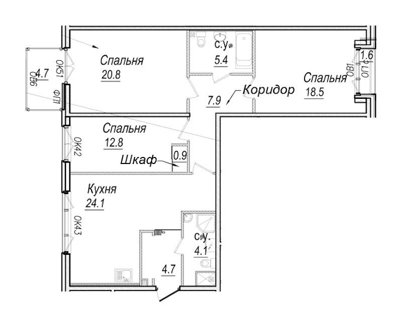 3-комнатная квартира 101.4 м², 4/8 эт., Комплекс апартаментов «Meltzer Hall»